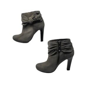 Vtg DKNY‎ Vegan Faux Suede Gray Wynette Ankle Boots Sz 6 Heel Bow Booties